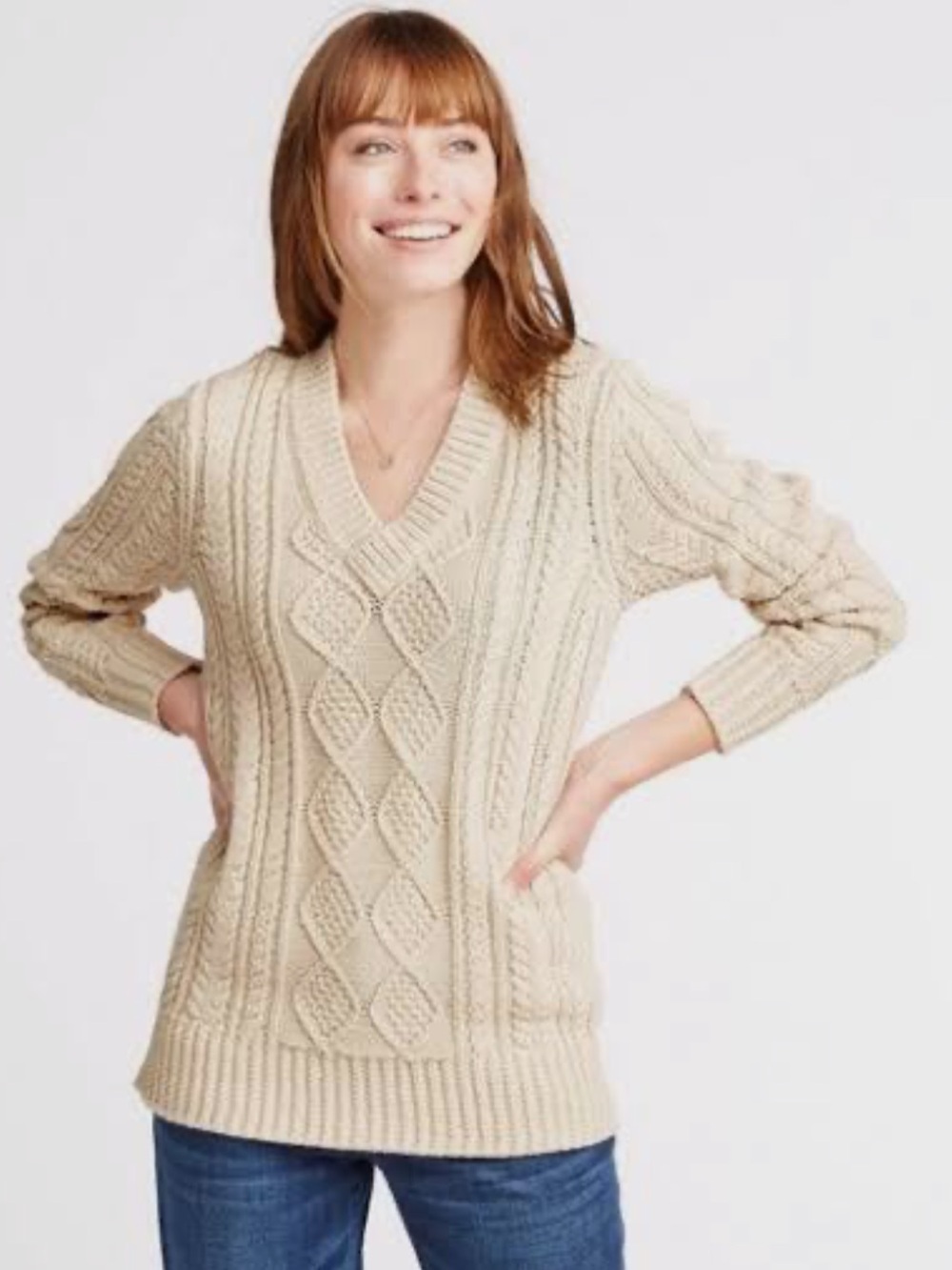 L.L. Bean Signature 100% Cotton Fisherman Cable Knit V-Neck Sweater Cream XXS